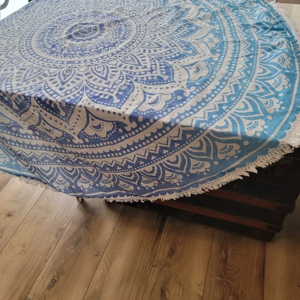 Shades of Blue Oval Fringed Mandala Pattern Cotton Tablecloth ~68" x 60"